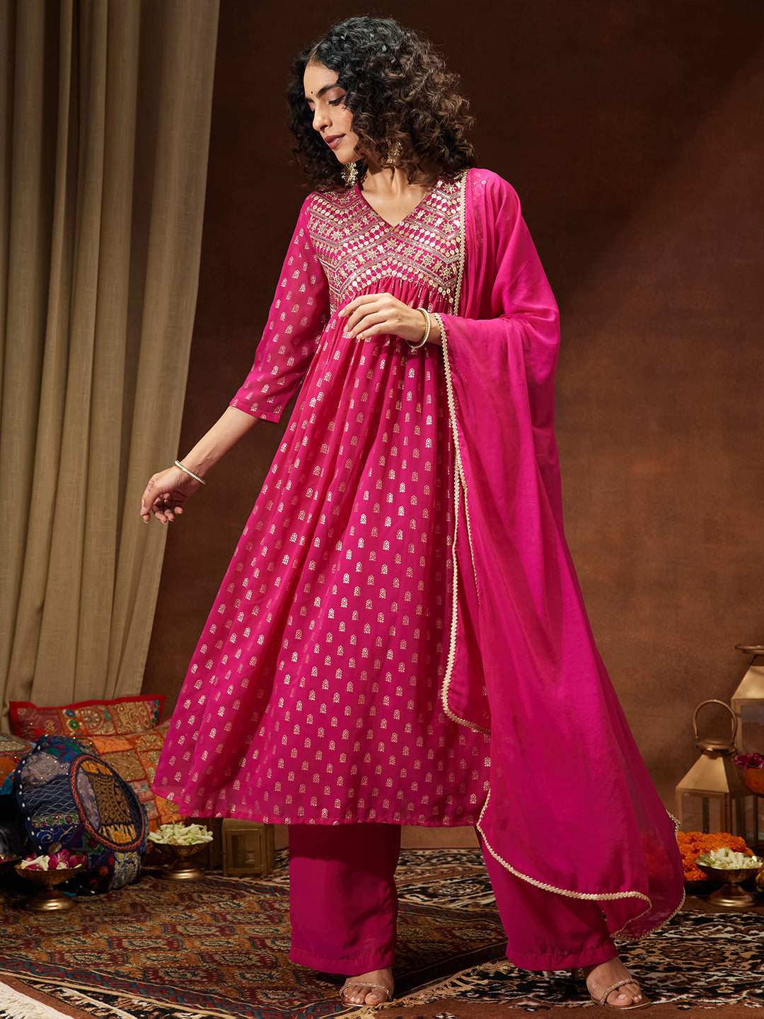 Women's Pink Georgette Embellished Gold Printed A-line Kurta With Palazzo & Dupatta Set