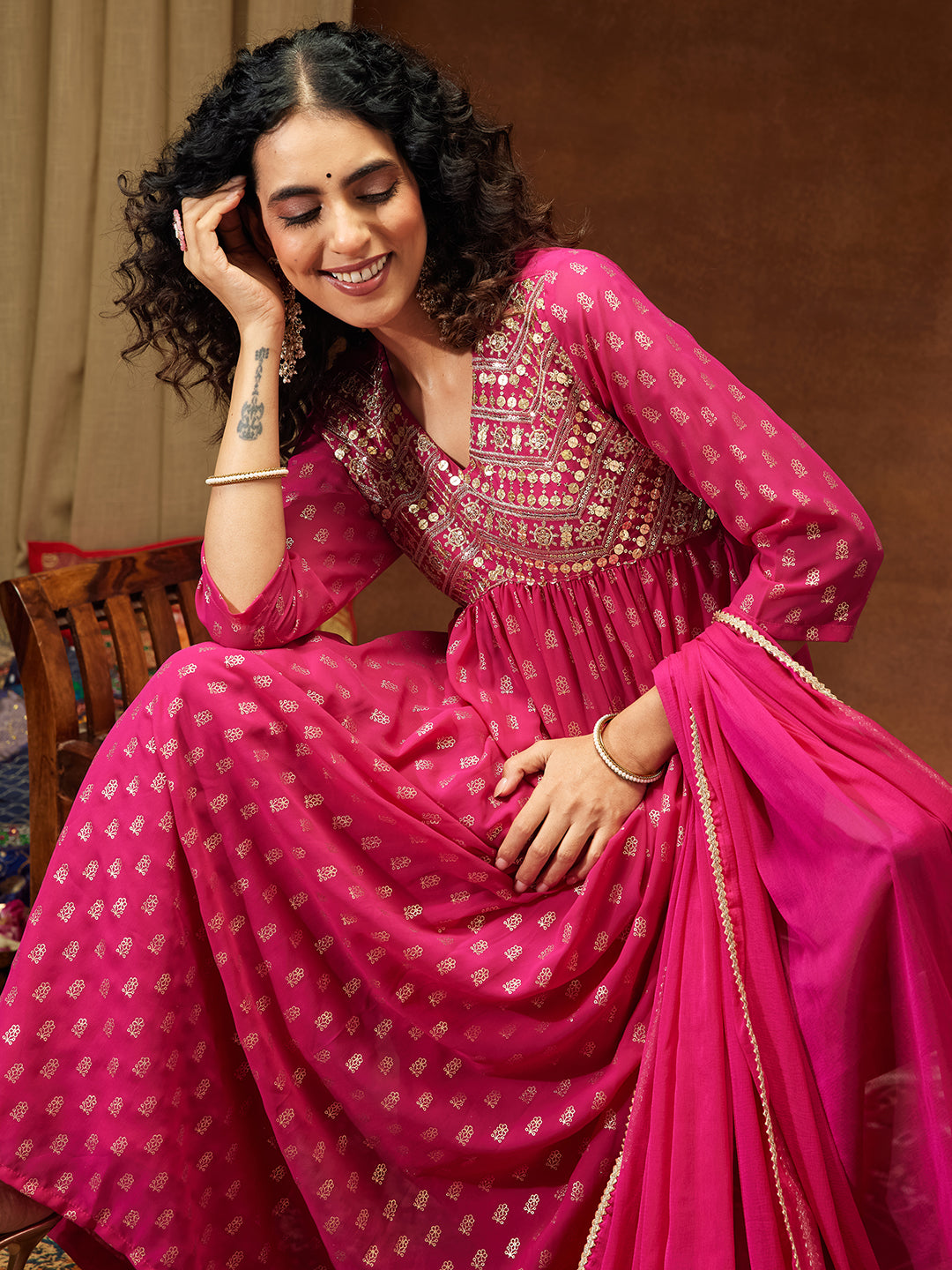 Women's Pink Georgette Embellished Gold Printed A-line Kurta With Palazzo & Dupatta Set