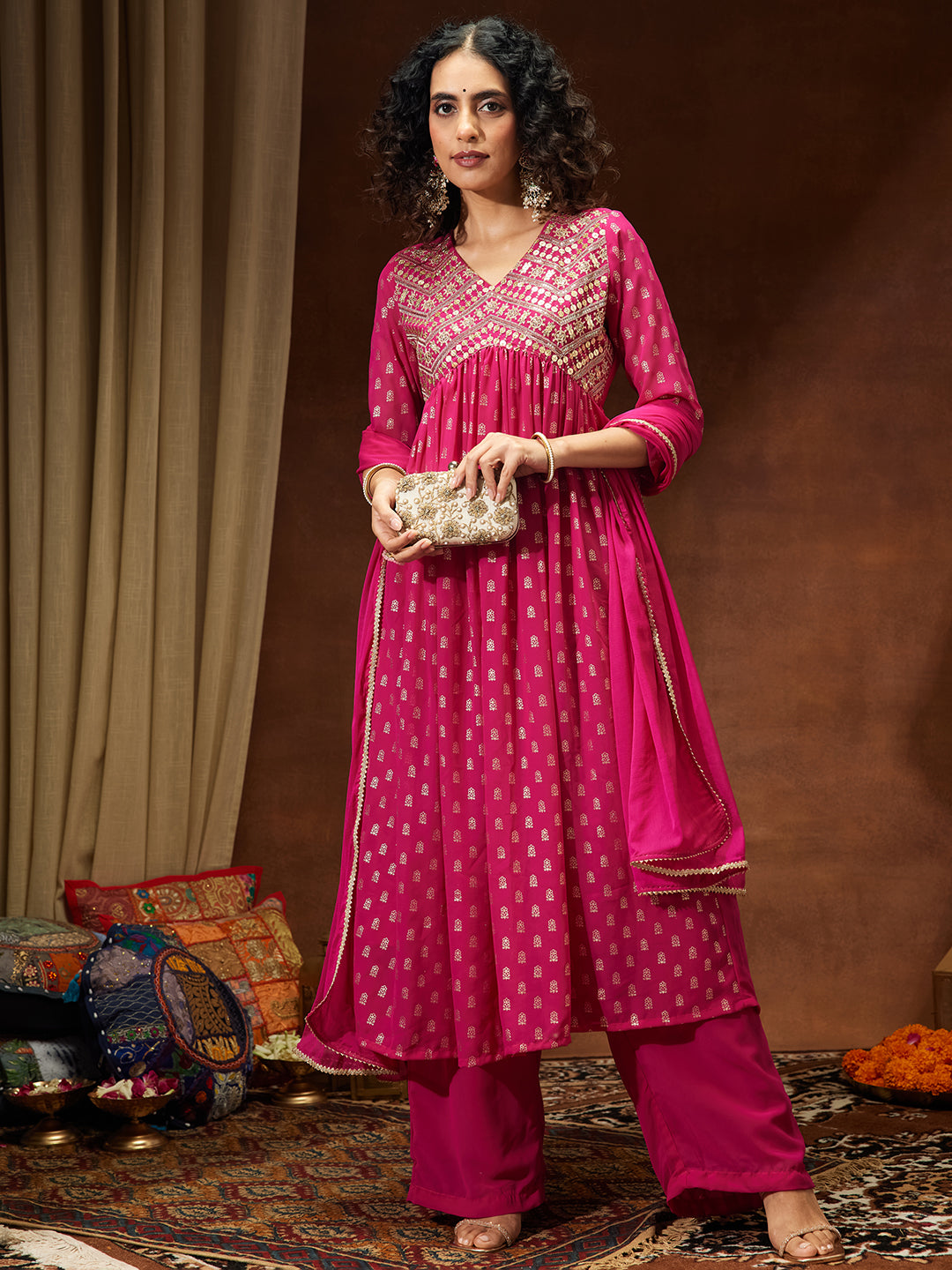 Women's Pink Georgette Embellished Gold Printed A-line Kurta With Palazzo & Dupatta Set