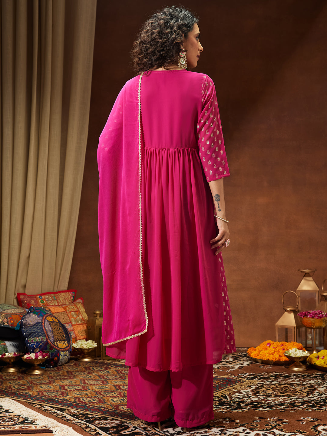 Women's Pink Georgette Embellished Gold Printed A-line Kurta With Palazzo & Dupatta Set