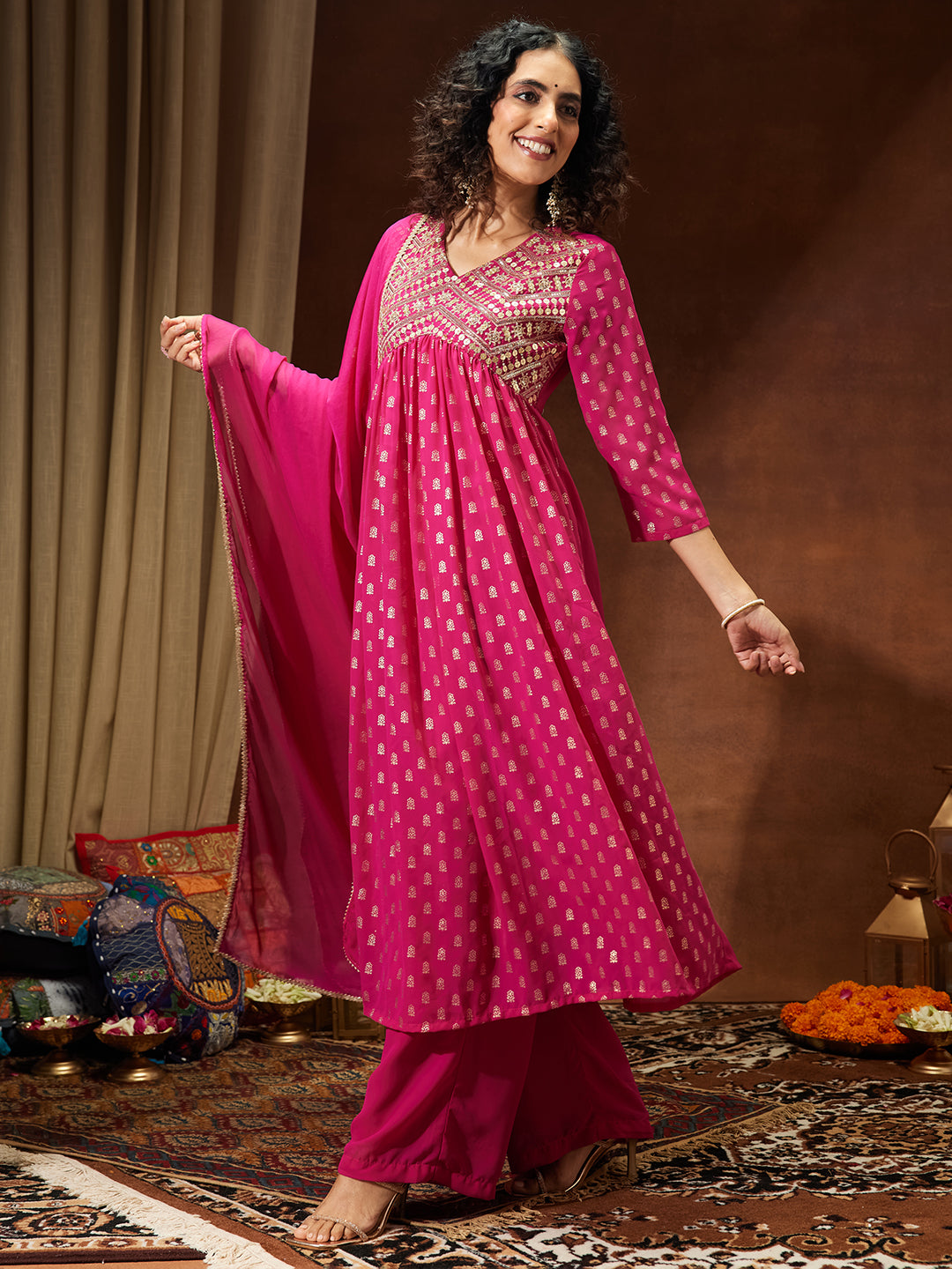 Women's Pink Georgette Embellished Gold Printed A-line Kurta With Palazzo & Dupatta Set
