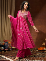 Women's Pink Georgette Embellished Gold Printed A-line Kurta With Palazzo & Dupatta Set