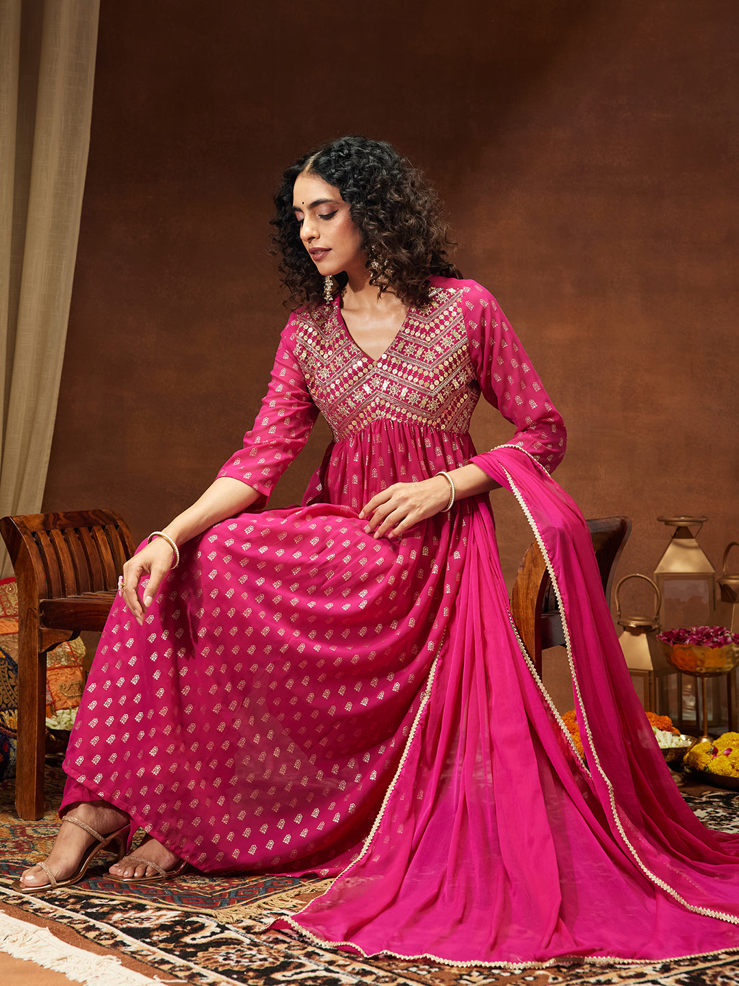 Women's Pink Georgette Embellished Gold Printed A-line Kurta With Palazzo & Dupatta Set