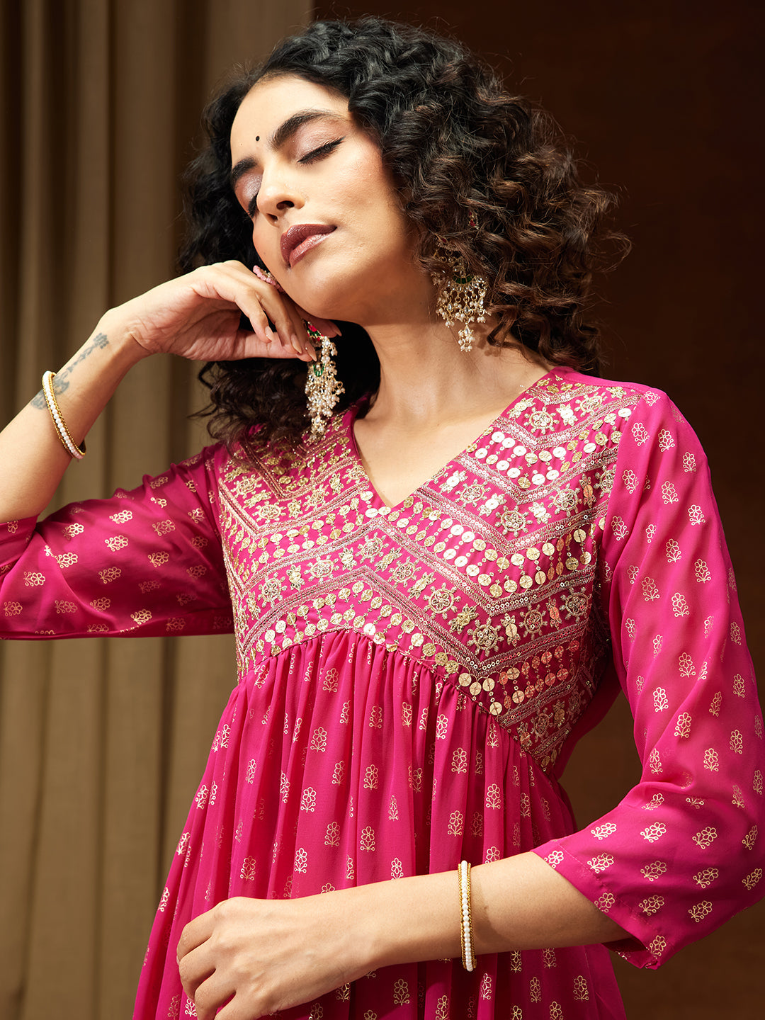 Women's Pink Georgette Embellished Gold Printed A-line Kurta With Palazzo & Dupatta Set