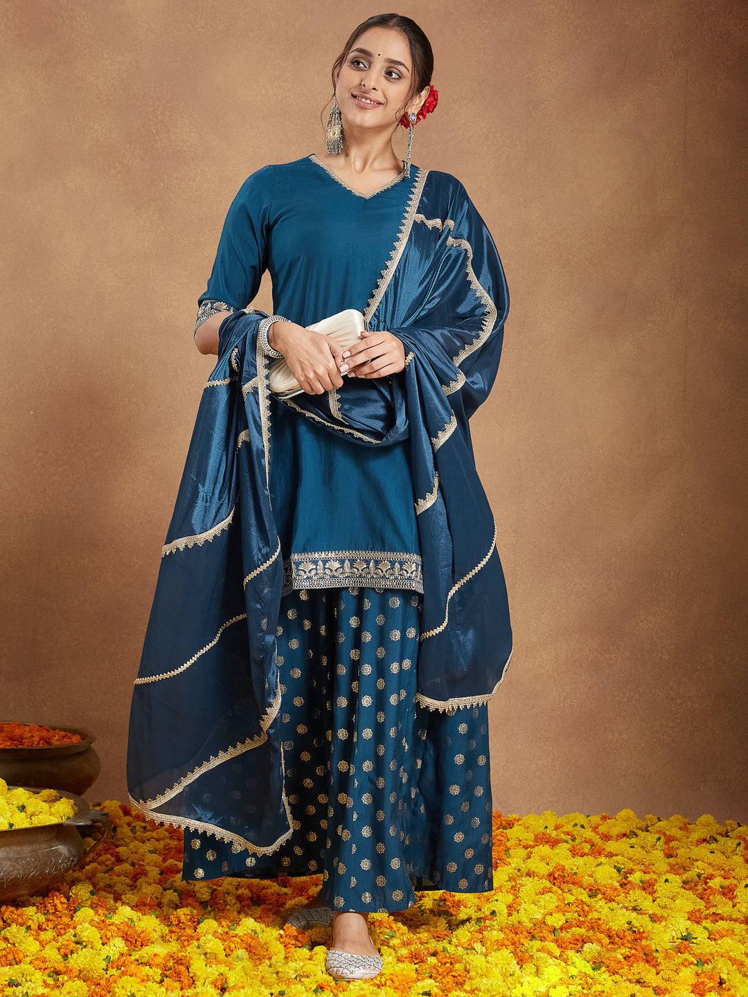 Women's Teal Blue Silk Blend Embellished Straight Kurta With Sharaa & Dupatta Set