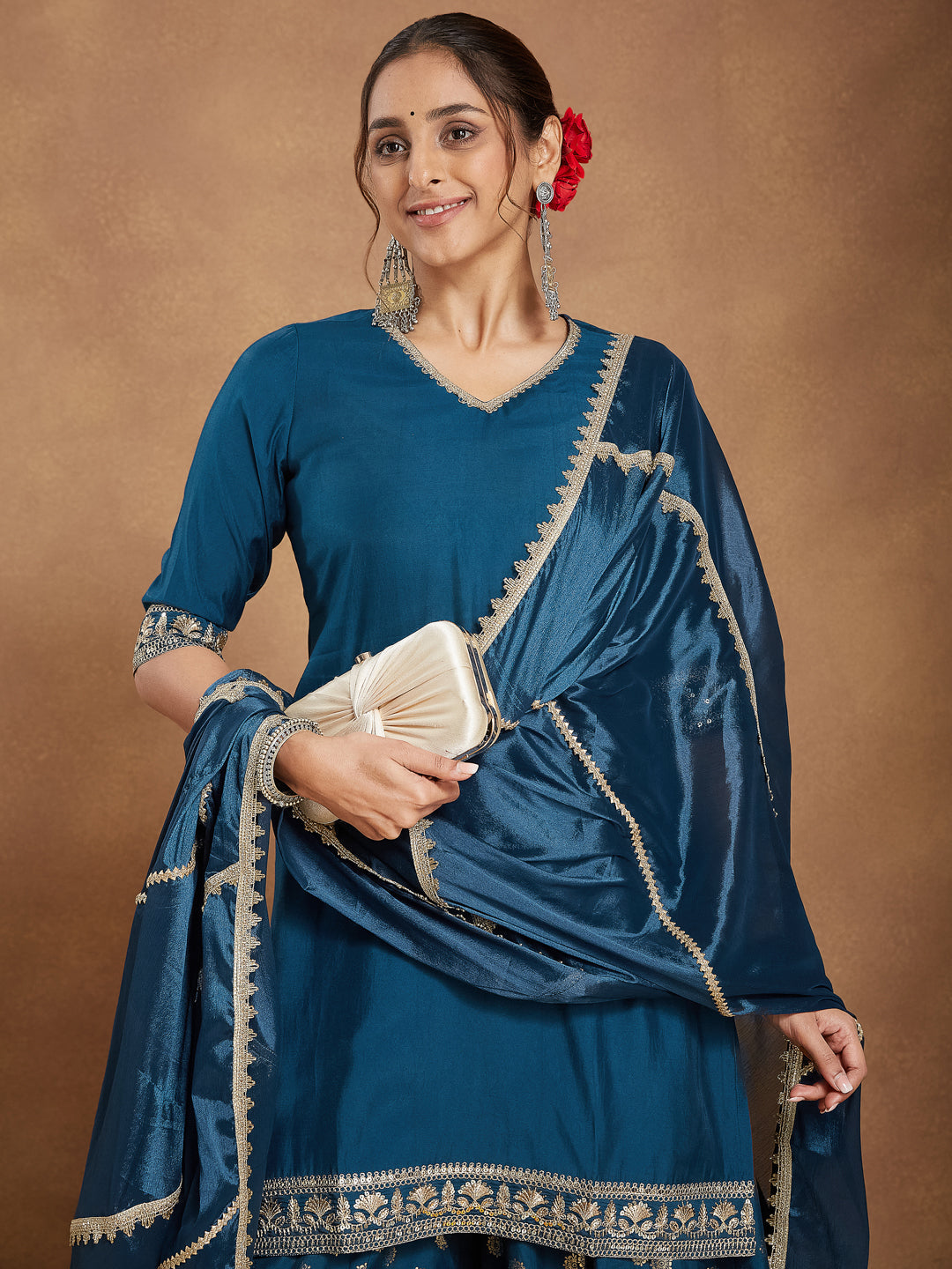 Women's Teal Blue Silk Blend Embellished Straight Kurta With Sharaa & Dupatta Set