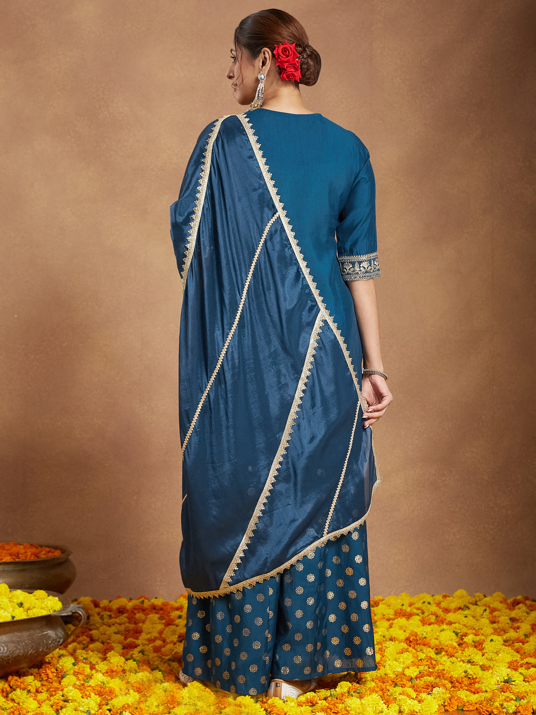 Women's Teal Blue Silk Blend Embellished Straight Kurta With Sharaa & Dupatta Set