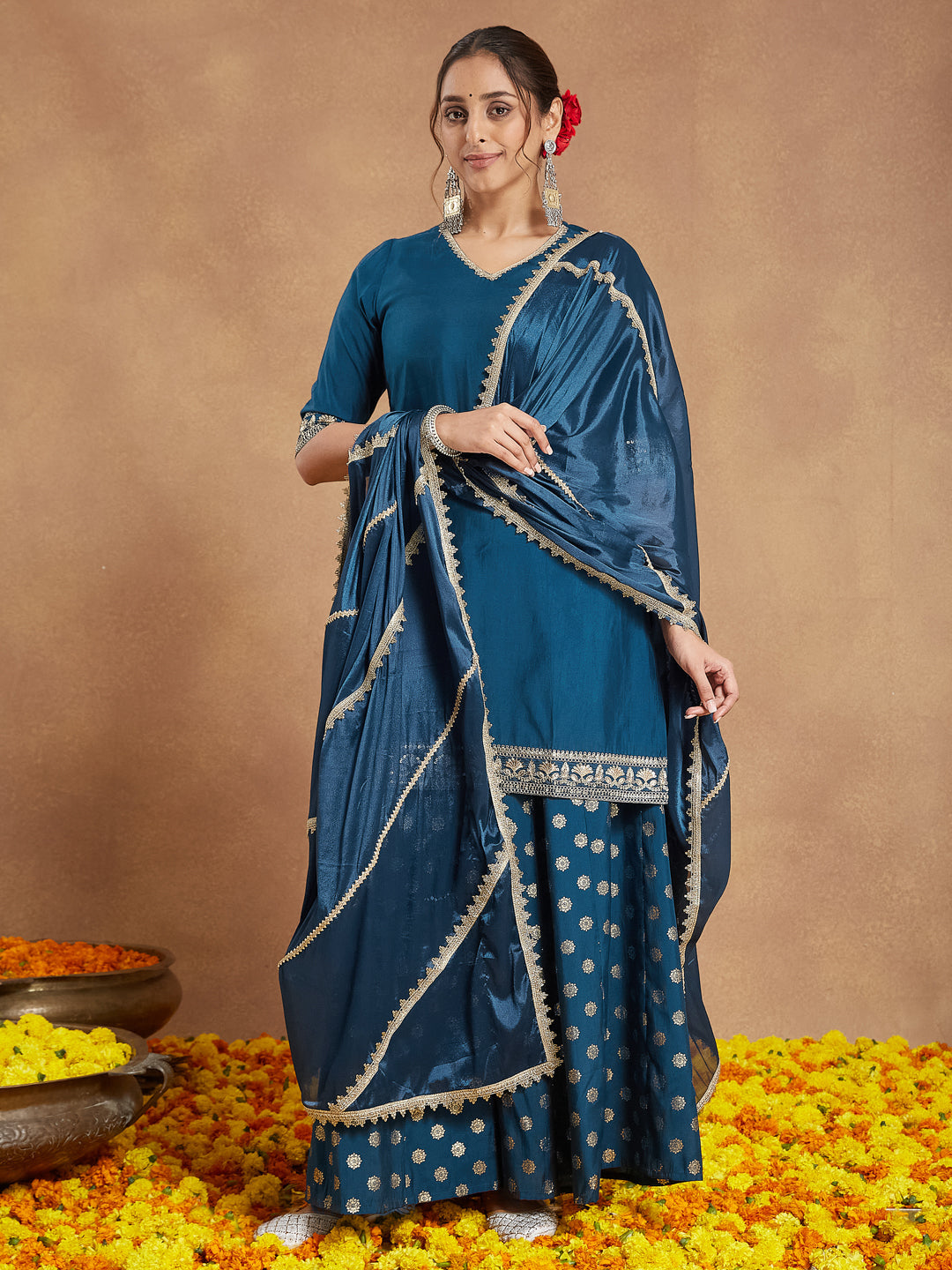 Women's Teal Blue Silk Blend Embellished Straight Kurta With Sharaa & Dupatta Set