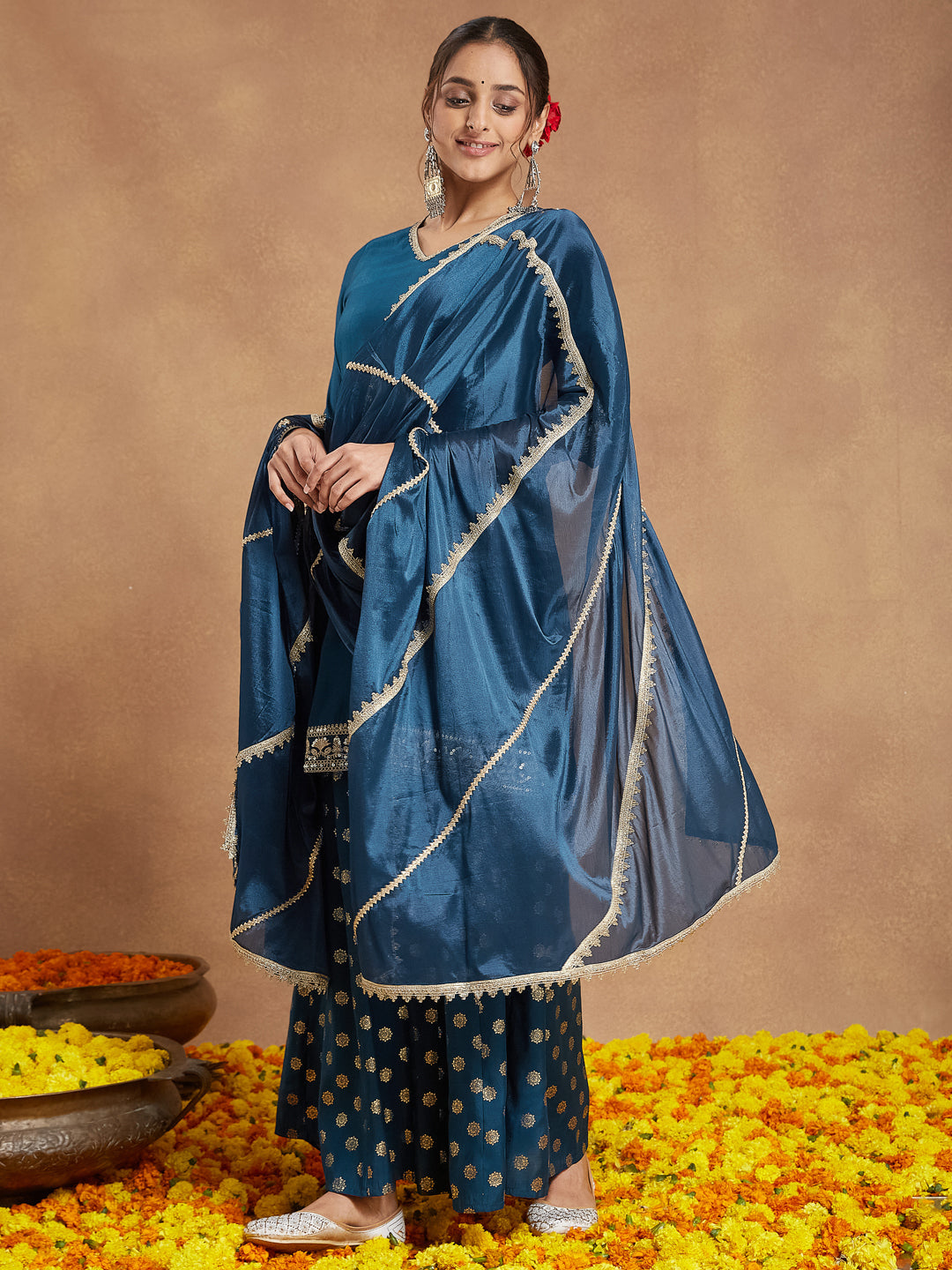 Women's Teal Blue Silk Blend Embellished Straight Kurta With Sharaa & Dupatta Set