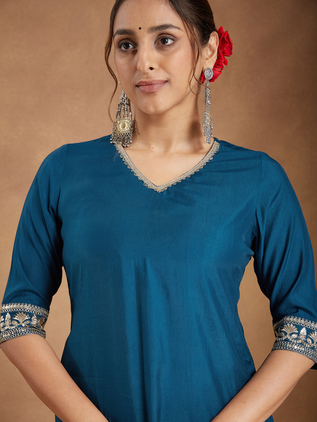 Women's Teal Blue Silk Blend Embellished Straight Kurta With Sharaa & Dupatta Set