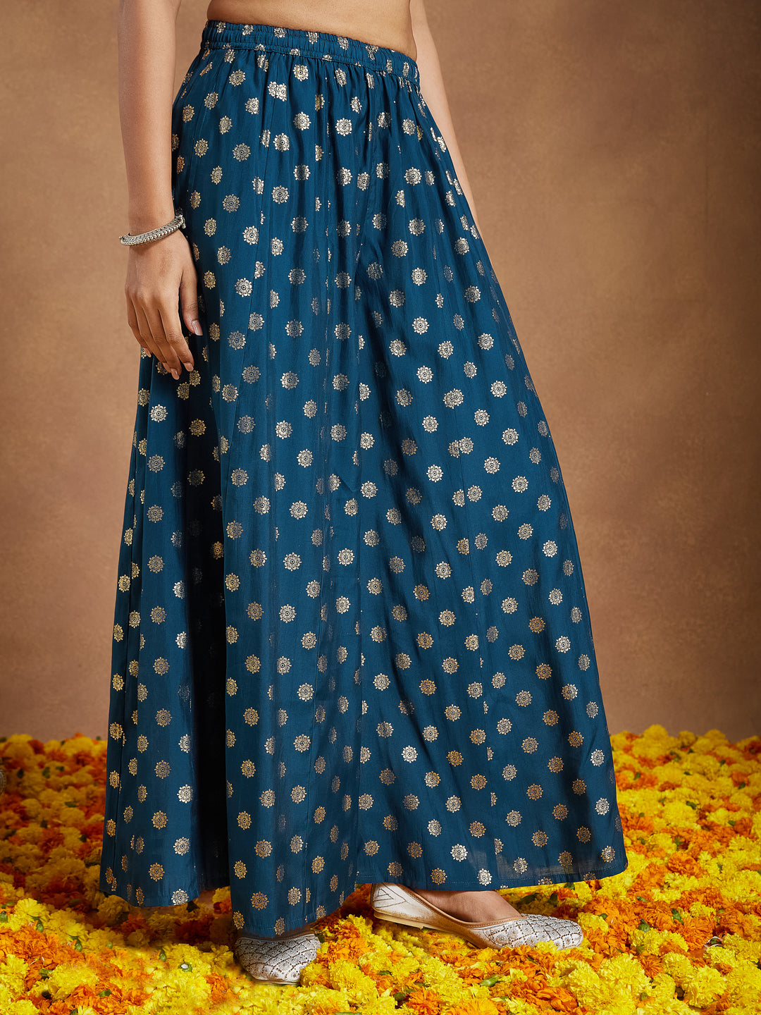 Women's Teal Blue Silk Blend Embellished Straight Kurta With Sharaa & Dupatta Set