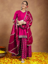Women's Pink Silk Blend Embellished Straight Kurta With Sharara & Dupatta Set