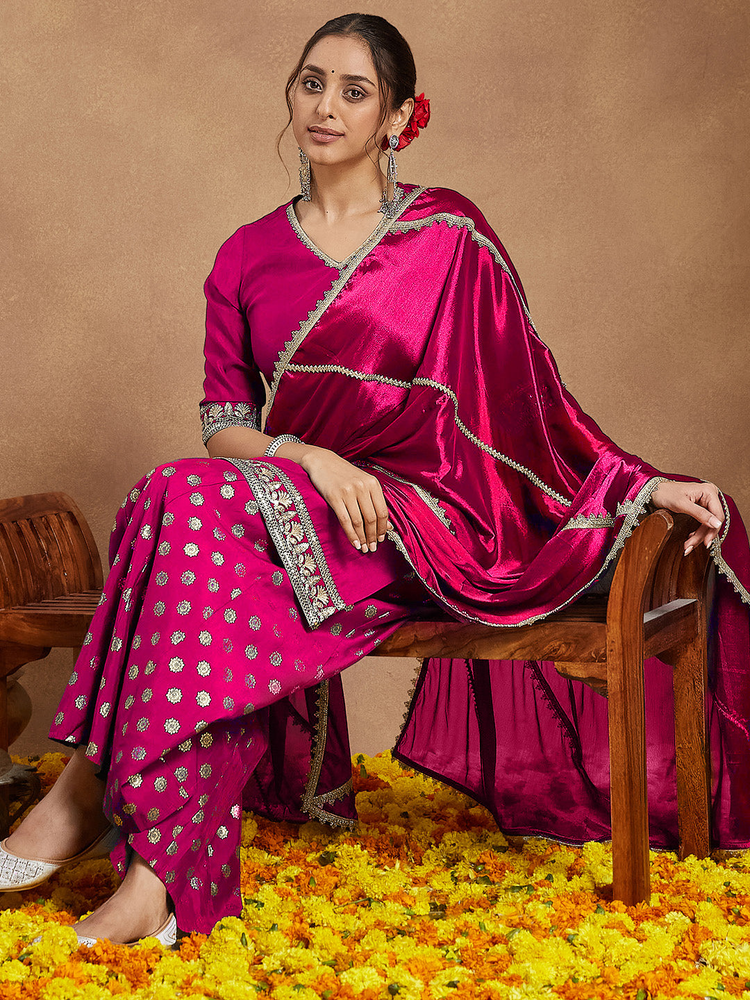 Women's Pink Silk Blend Embellished Straight Kurta With Sharara & Dupatta Set
