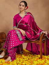 Women's Pink Silk Blend Embellished Straight Kurta With Sharara & Dupatta Set