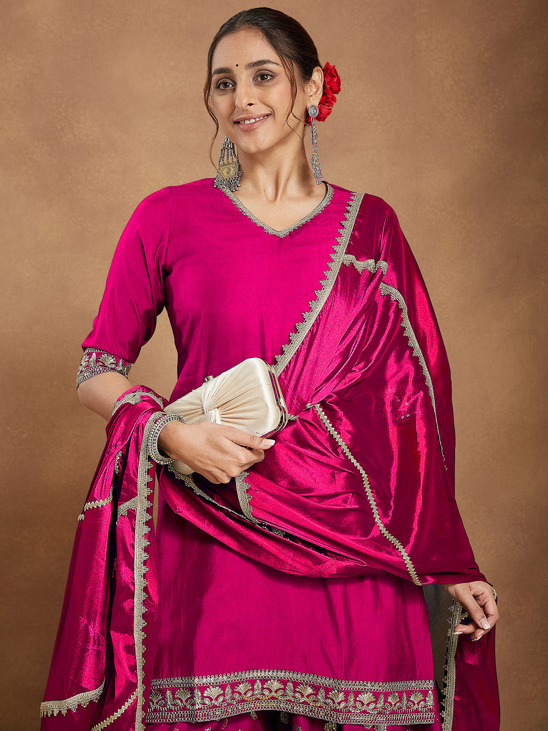 Women's Pink Silk Blend Embellished Straight Kurta With Sharara & Dupatta Set