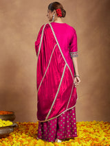 Women's Pink Silk Blend Embellished Straight Kurta With Sharara & Dupatta Set