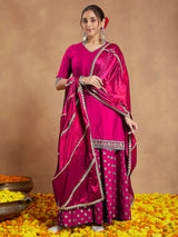 Women's Pink Silk Blend Embellished Straight Kurta With Sharara & Dupatta Set