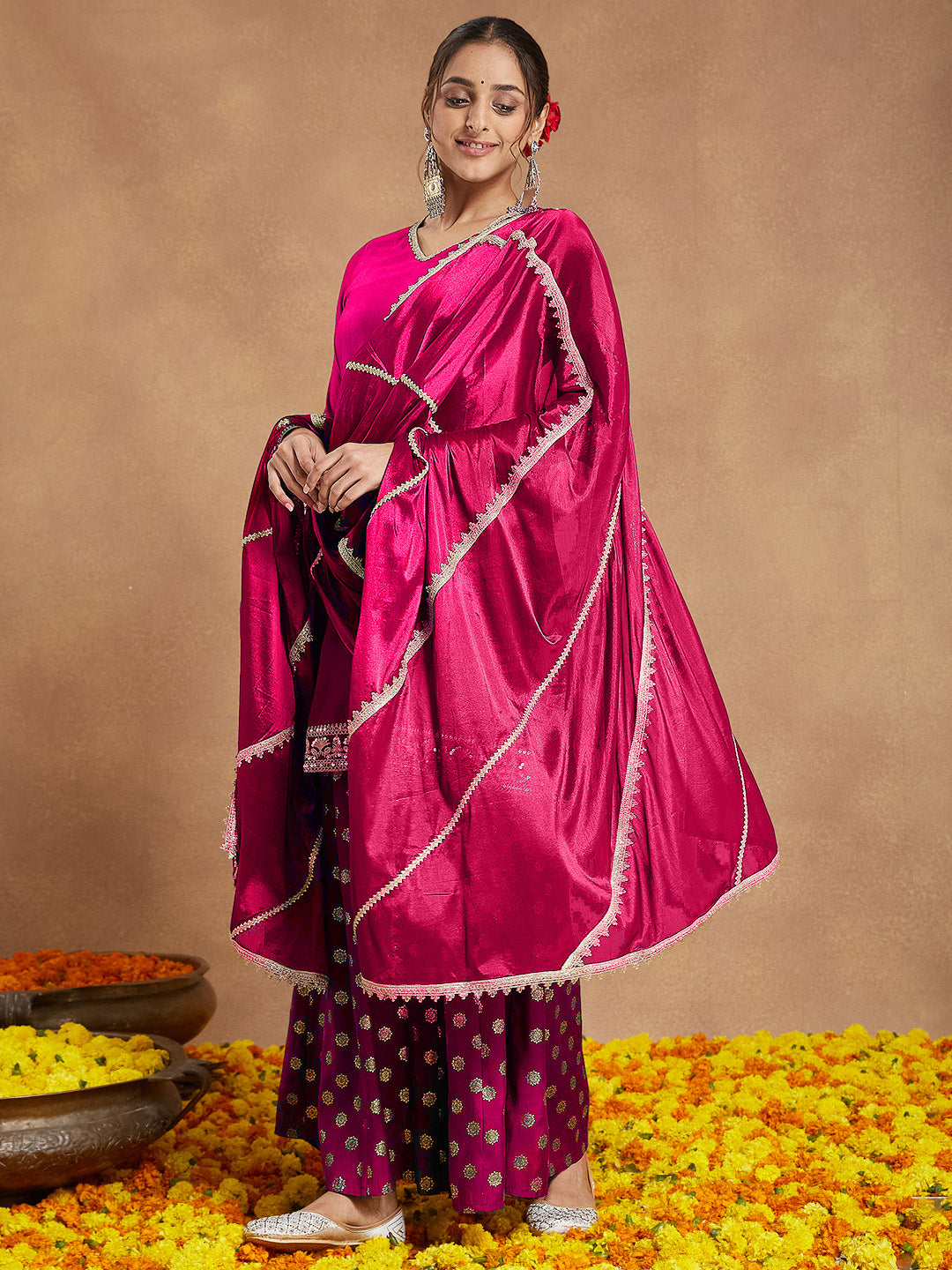 Women's Pink Silk Blend Embellished Straight Kurta With Sharara & Dupatta Set