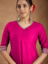 Women's Pink Silk Blend Embellished Straight Kurta With Sharara & Dupatta Set
