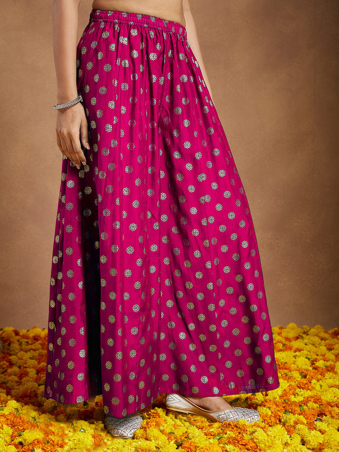 Women's Pink Silk Blend Embellished Straight Kurta With Sharara & Dupatta Set