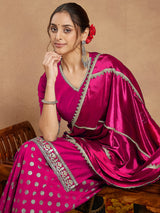 Women's Pink Silk Blend Embellished Straight Kurta With Sharara & Dupatta Set