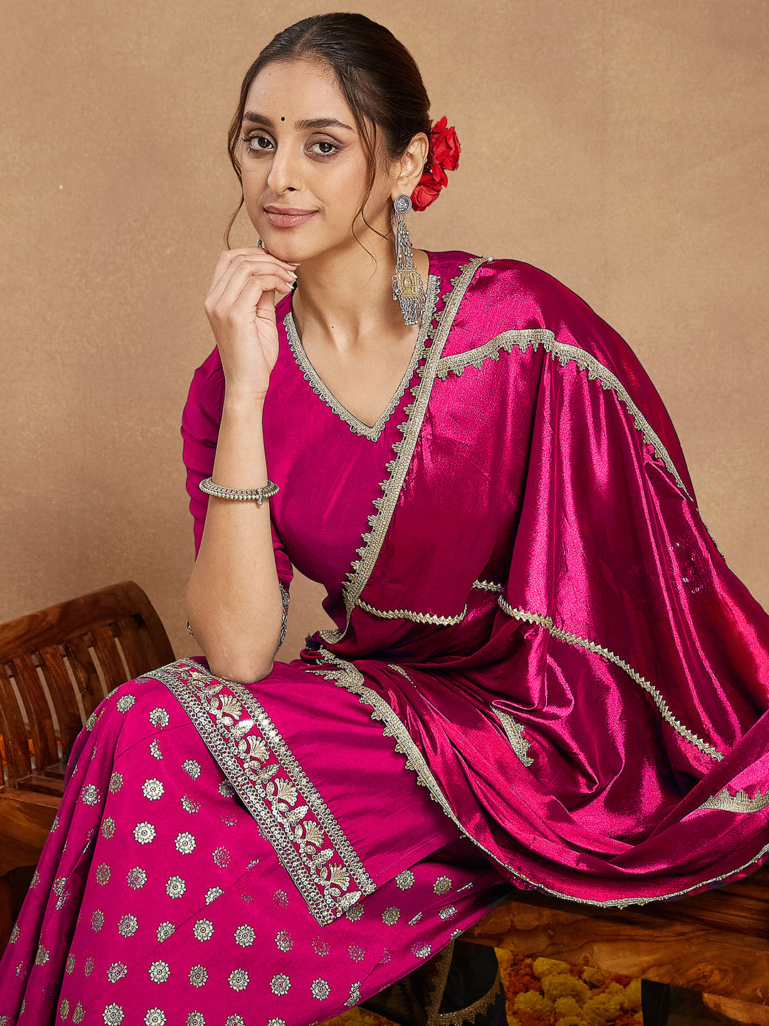 Women's Pink Silk Blend Embellished Straight Kurta With Sharara & Dupatta Set
