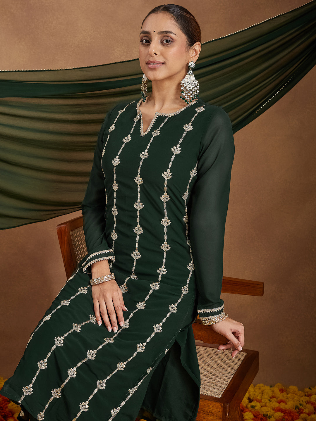 Women's Green Georgette Zari Embroidered Straight Kurta With Palazzo & Dupatta Set