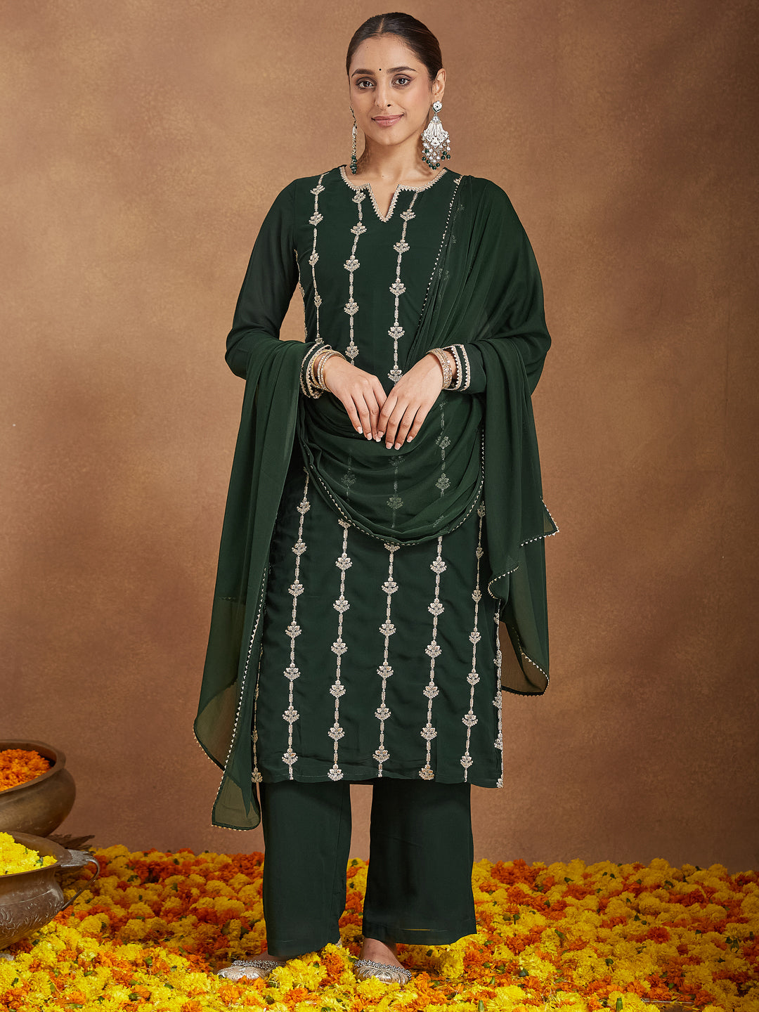 Women's Green Georgette Zari Embroidered Straight Kurta With Palazzo & Dupatta Set