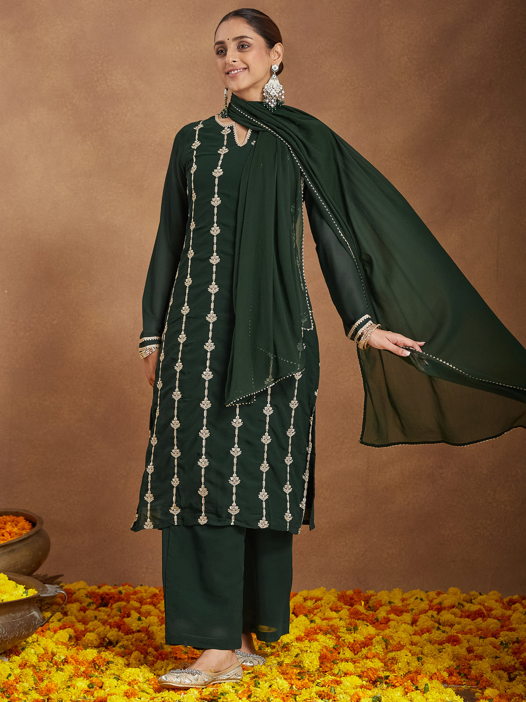 Women's Green Georgette Zari Embroidered Straight Kurta With Palazzo & Dupatta Set