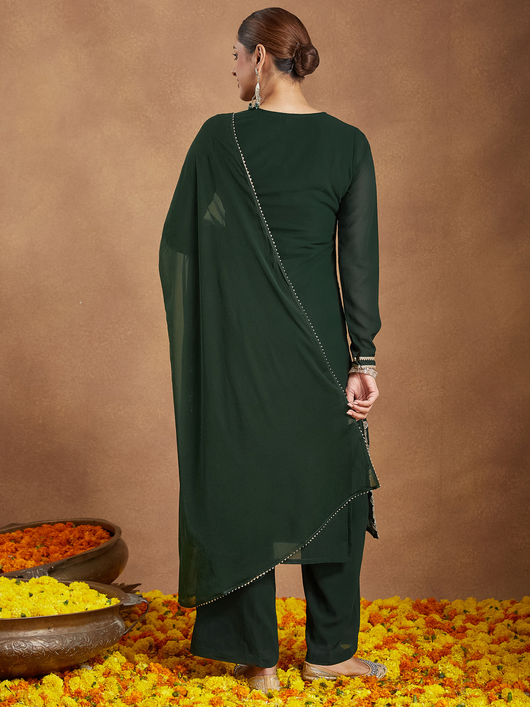 Women's Green Georgette Zari Embroidered Straight Kurta With Palazzo & Dupatta Set