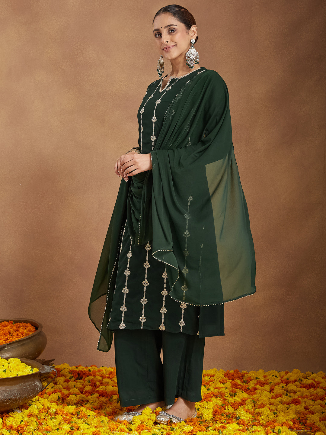 Women's Green Georgette Zari Embroidered Straight Kurta With Palazzo & Dupatta Set