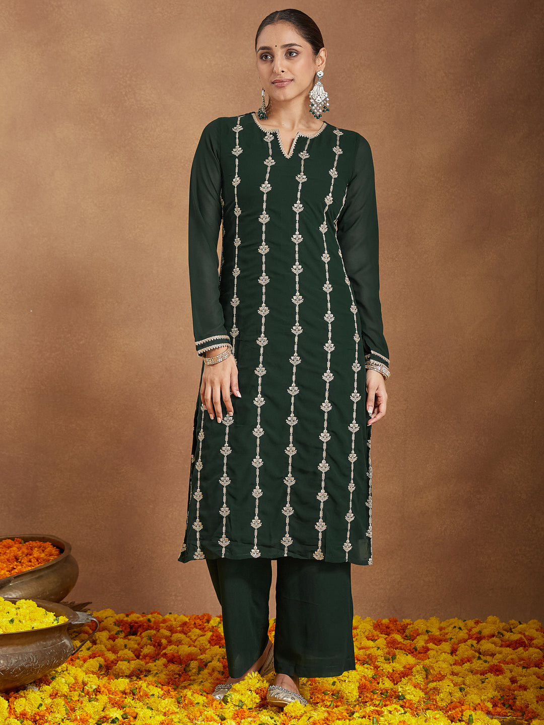 Women's Green Georgette Zari Embroidered Straight Kurta With Palazzo & Dupatta Set