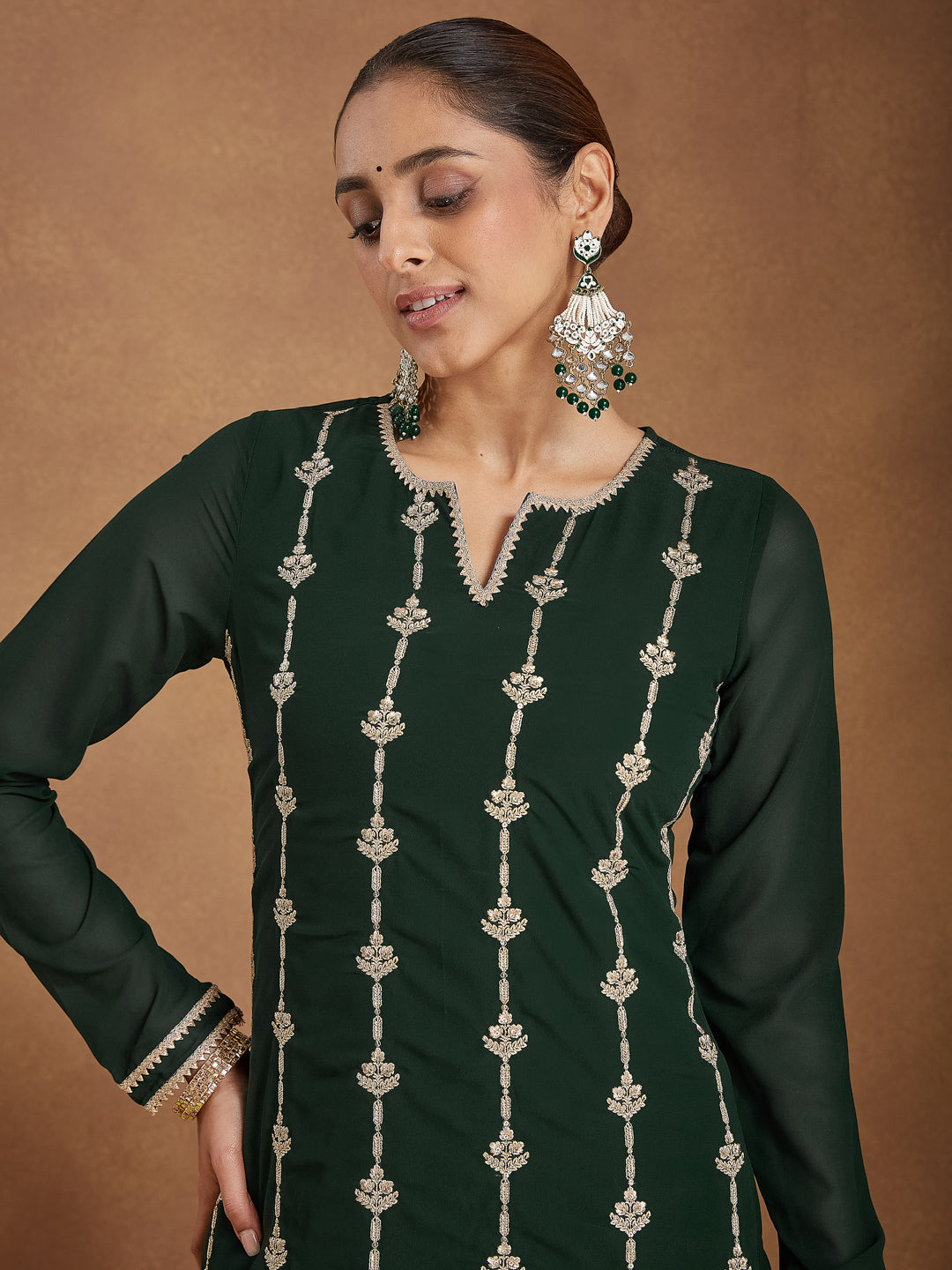 Women's Green Georgette Zari Embroidered Straight Kurta With Palazzo & Dupatta Set