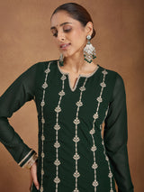 Women's Green Georgette Zari Embroidered Straight Kurta With Palazzo & Dupatta Set