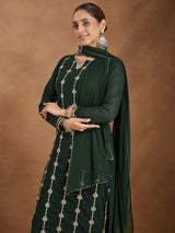Women's Green Georgette Zari Embroidered Straight Kurta With Palazzo & Dupatta Set