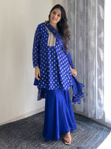 Women's Royal Blue Georgette Embellished Gold Printed A-line Kurta With Sharara & Dupatta Set