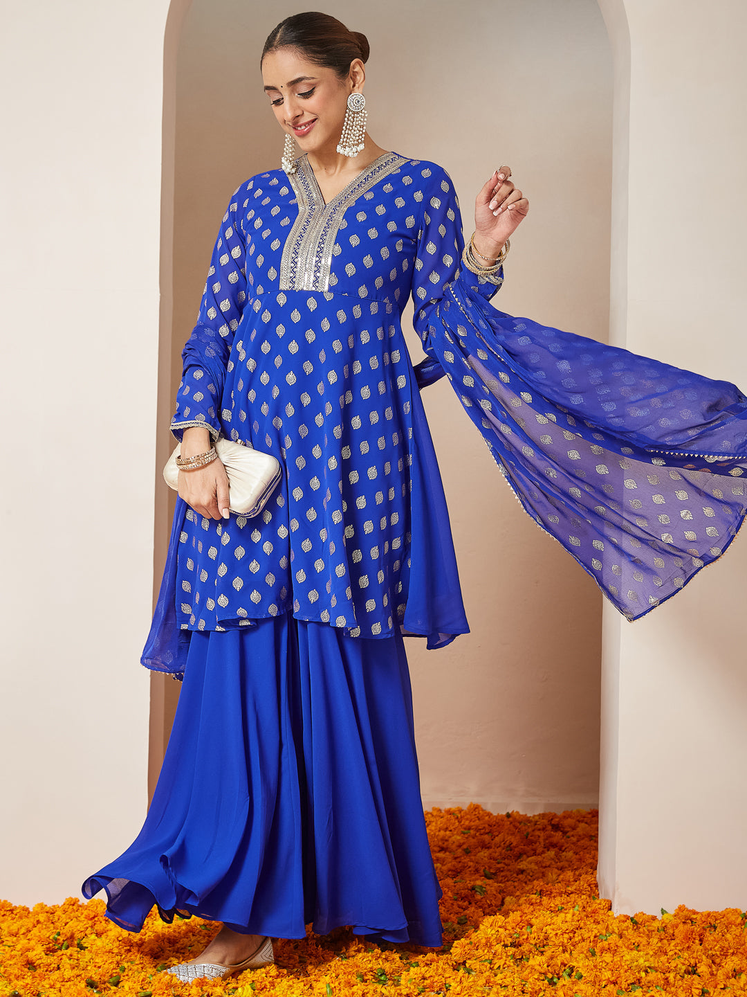 Women's Royal Blue Georgette Embellished Gold Printed A-line Kurta With Sharara & Dupatta Set