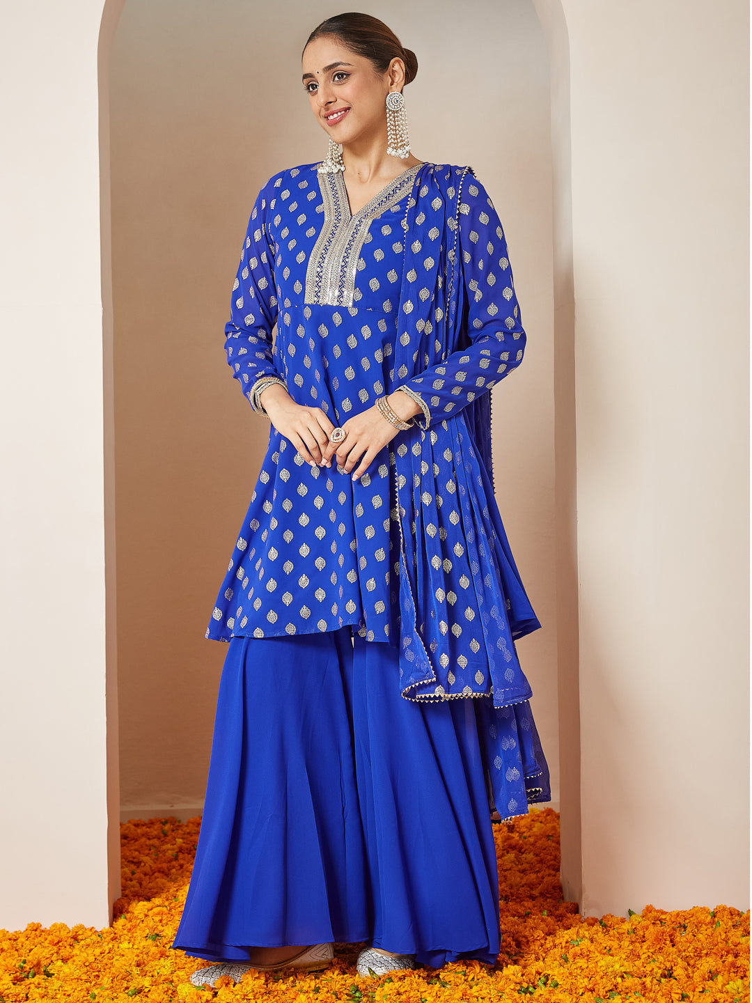 Women's Royal Blue Georgette Embellished Gold Printed A-line Kurta With Sharara & Dupatta Set