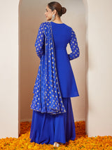 Women's Royal Blue Georgette Embellished Gold Printed A-line Kurta With Sharara & Dupatta Set