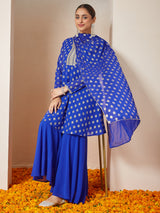 Women's Royal Blue Georgette Embellished Gold Printed A-line Kurta With Sharara & Dupatta Set