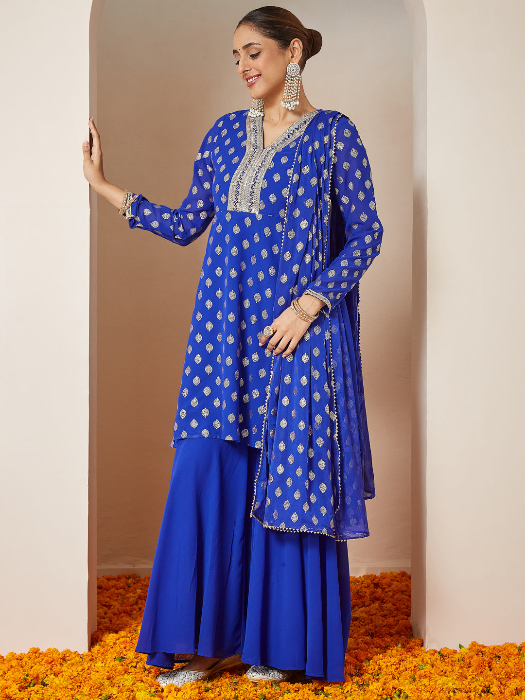 Women's Royal Blue Georgette Embellished Gold Printed A-line Kurta With Sharara & Dupatta Set