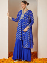 Women's Royal Blue Georgette Embellished Gold Printed A-line Kurta With Sharara & Dupatta Set