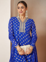 Women's Royal Blue Georgette Embellished Gold Printed A-line Kurta With Sharara & Dupatta Set