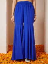 Women's Royal Blue Georgette Embellished Gold Printed A-line Kurta With Sharara & Dupatta Set