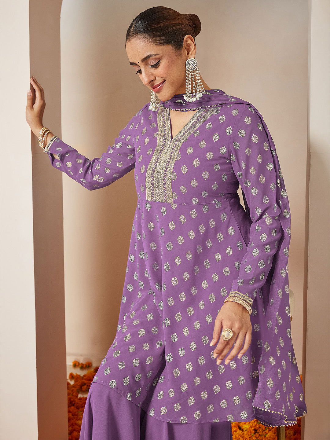 Women's Purple Georgette Embellished Gold Printed A-line Kurta With Sharara & Dupatta Set