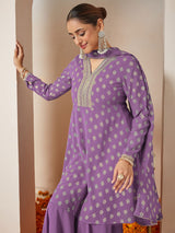 Women's Purple Georgette Embellished Gold Printed A-line Kurta With Sharara & Dupatta Set