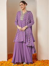 Women's Purple Georgette Embellished Gold Printed A-line Kurta With Sharara & Dupatta Set