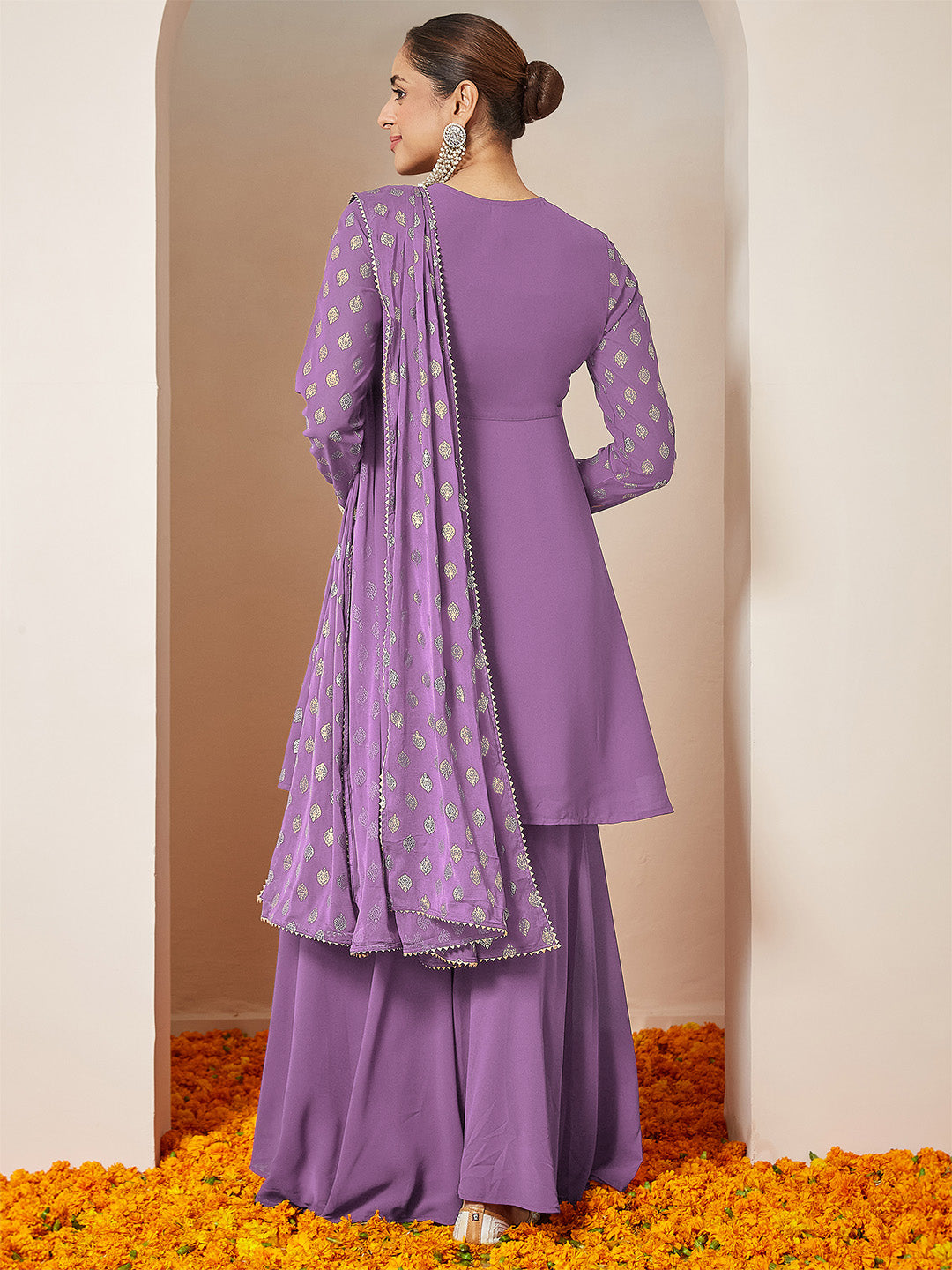 Women's Purple Georgette Embellished Gold Printed A-line Kurta With Sharara & Dupatta Set