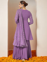 Women's Purple Georgette Embellished Gold Printed A-line Kurta With Sharara & Dupatta Set