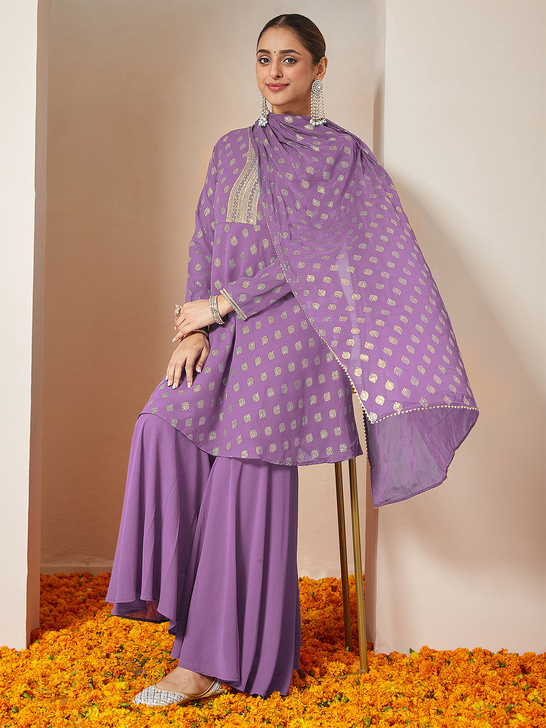 Women's Purple Georgette Embellished Gold Printed A-line Kurta With Sharara & Dupatta Set